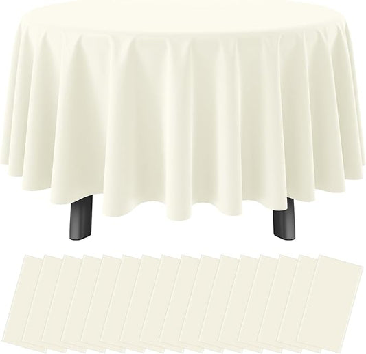 16 Pack Beige Plastic Tablecloths for Round Tables, Premium Decorative Ivory Disposable Table Covers for Parties, Round Cream Party Table Cover for Birthday Wedding Baby Shower Graduation, 84 Inch
