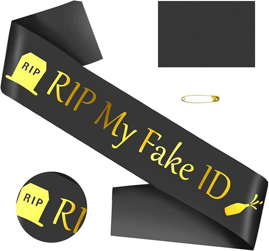 21st Birthday Sash for Men and Women, Funny RIP My Fake ID Birthday Sash, Finally 21 Bday Sashes, Ideal Twenty One Sashes Party Favors Supplies and Decorations for Your 21 Bday Party(Black,Gold)