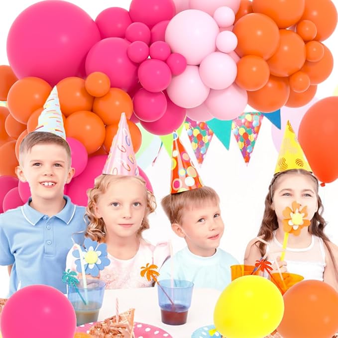 Hot Pink Orange Balloon Arch Kit - 122pcs, Pink Orange Balloons, Arch Strip Tape, Glue, Holder Tool - Princess Cartoon Theme, Unisex Adults, General Celebration, All Ages