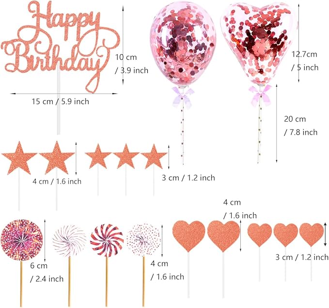 Daimay Pink Birthday Cake Topper Supplies Acrylic Glitter 3rd Happy Birthday Cake Deco with Confetti Balloon Paper Fans Stars Firework Cupcake Toppers for Baby Shower Birthday Party - Rose Gold 3