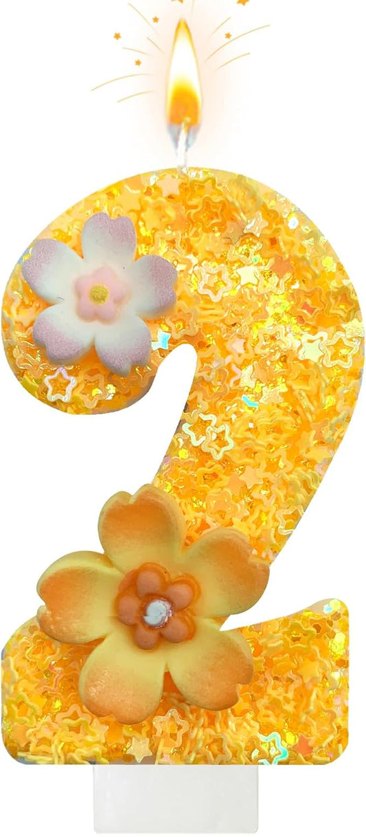 Yellow Birthday Candle, Flower Number Birthday Candles for Cake, Ideal Birthday Parties Cake Decor, Wedding Anniversary and Other Celebrations (2 Candle, Yellow)