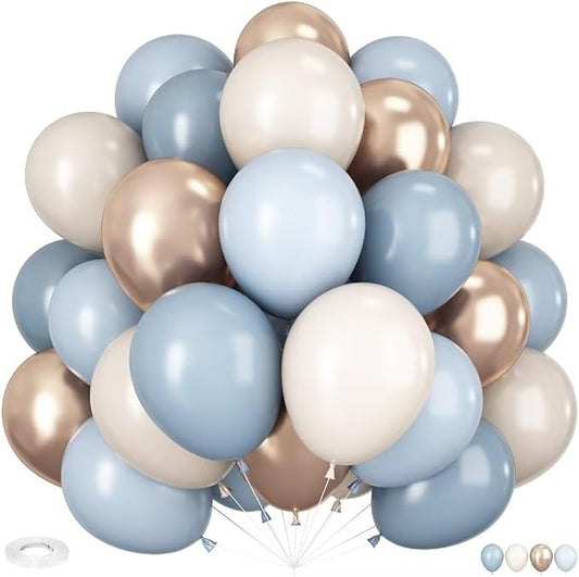 HILAVO Dusty Blue and Gold Balloons, 60 PCS 12 Inch Slate Fog Pastel Baby Blue Sand White and Gold Balloons for Baby Boy Shower Bridal Shower Birthday Wedding Party Decorations