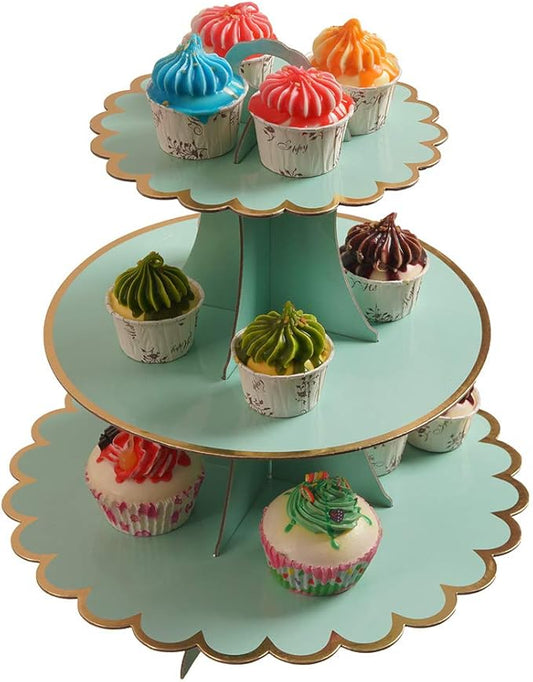 YLDW Cupcake Stand with Lace Trim, 3-Tier Cupcake Stand Display, Cardboard Cup Cake Tower Stand, Disposable Dessert Stand for Birthday Tea Party Baby Shower Treat Decorations, Mint Green