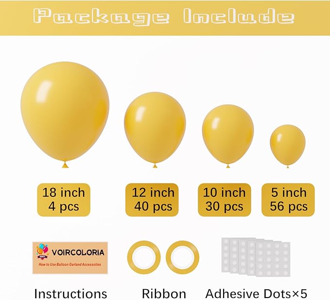 Voircoloria 130pcs Mustard Yellow Balloons Different Sizes 18" 12" 10" 5" Lemon Yellow Latex Balloon Garland Arch Kit for Birthday Baby Shower Graduation Wedding Gender Reveal Party Decorations