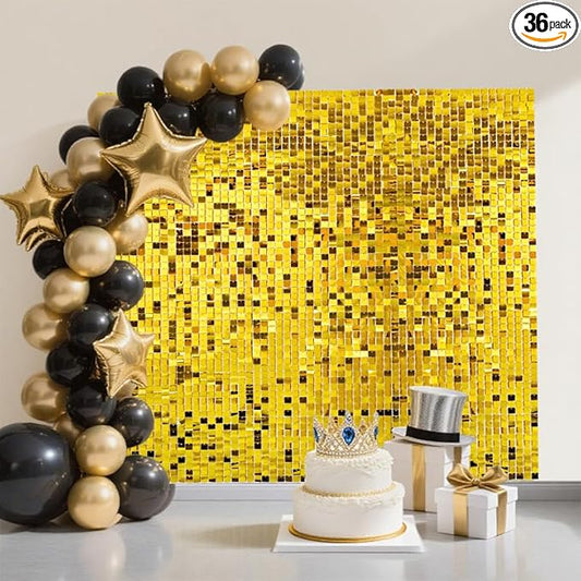 Gold Sequin Shimmer Wall Backdrop,36 Square Sequin Glitter Panels Create 6 x 6 Ft Photo Background for Birthday,Party,Wedding,Graduation Decor,Sparkle Photo Backdrop