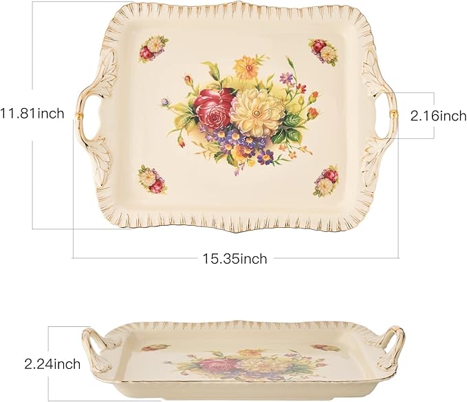 YOLIFE Ivory Serving Tray, Ceramic Floral and Gold Leaves Decorative Platter for Tea Party 15 X 11 inch (Flowering Shrubs)