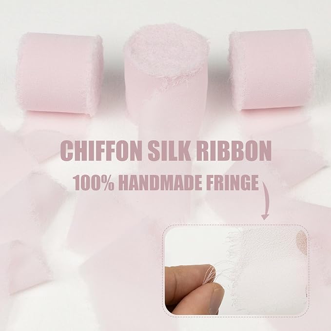 ICY Pink Chiffon Ribbon 1-1/2 Inch x 21 Yards Handmade Fringe Chiffon Silk Ribbon Frayed for Wedding Invitation, Bridal Flower Bouquets, Gift Wrapping