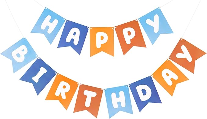 Happy Birthday Banner Birthday Party Banner NO DIY Happy Birthday Sign Pre-Strung Birthday Hanging Decoration for Women Men Girl Boy Party Supplies (Blue and Orange)