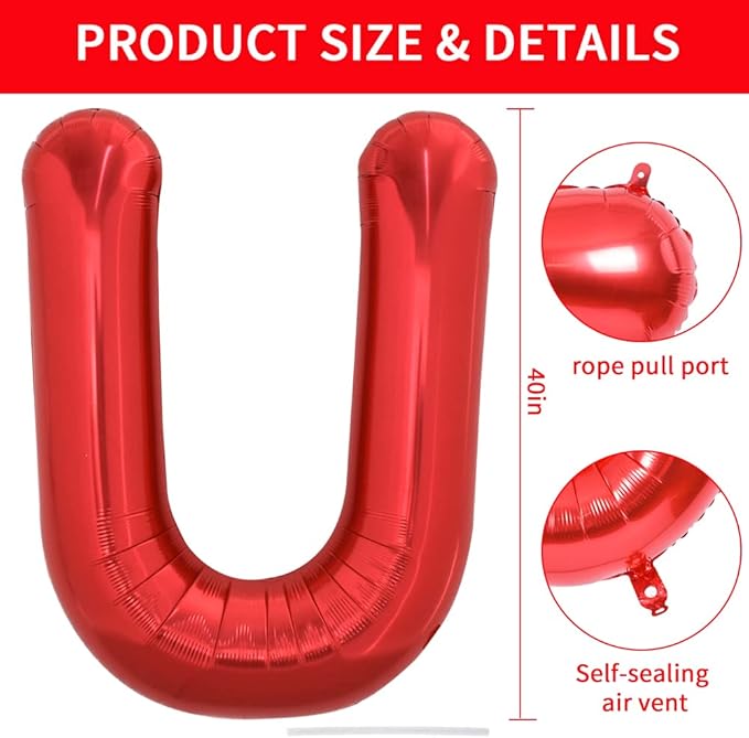 TONIFUL 40 Inch Large Bright Red Letter Balloons A-Z, Giant Jumbo Helium Foil Mylar Big Letter U Balloons for Birthday Party Anniversary Wedding Decorations