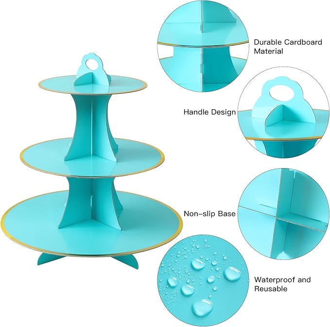 Soleebee 3-Tier Round Cupcake Stand, Cardboard Cupcake Tower, Dessert Cup Cake Stand Tower for Birthday Wedding Party Decoration, Cupcake Tier Stand 2 Set (Blue Gold)