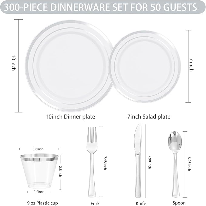 WELLIFE 300 PCS Silver Dinnerware Set for 50 Guests, Silver Plastic Disposable Plates for Party, 50 Dinner Plates, 50 Salad Plates, 50 Cups Forks Knives Spoons for Wedding and Party Anniversary
