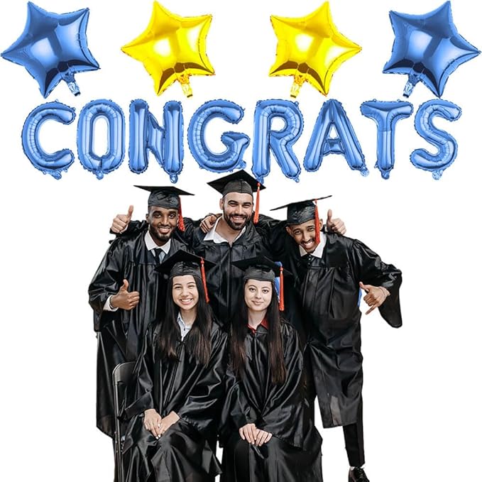 CONGRATS GRAD Blue Gold Balloon Gift Set - Perfect Graduation Gift - Complete 19-Piece Party Kit with 16” Letters + 18" Stars - Ready-to-Give Celebration Package 2026