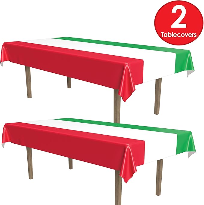 Beistle International Tablecovers, 54” x 108”, 2 Pieces – Plastic Table Cloth, Rectangular Tablecloth, Italian Decorations, Mexican Tablecloth, Cinco De Mayo Decorations,Red/White/Green