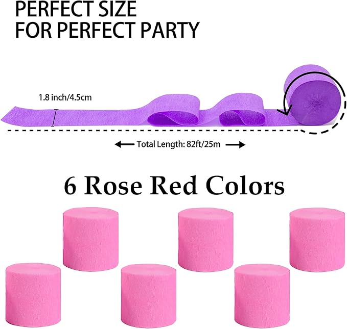 Crepe Paper Streamers 6 Rolls 492ft,Pack of Light Pink Streamers Party Decorations,Crepe Paper Roll for Birthday,Wedding,Bridal Shower Decorations (1.8 Inch x 82 Ft/Roll)