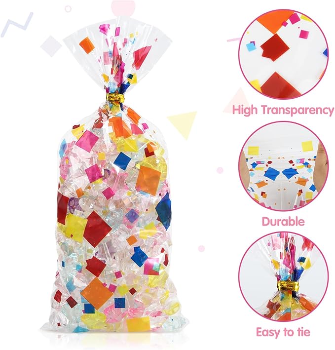 Docvania Cello Cellophane Treat Gift Bags Rainbow Cookie Bags 100 pcs 5 X 11 Goodie Bag with Ties for Mother's Day, Valentine's Day and Parties, Weddings