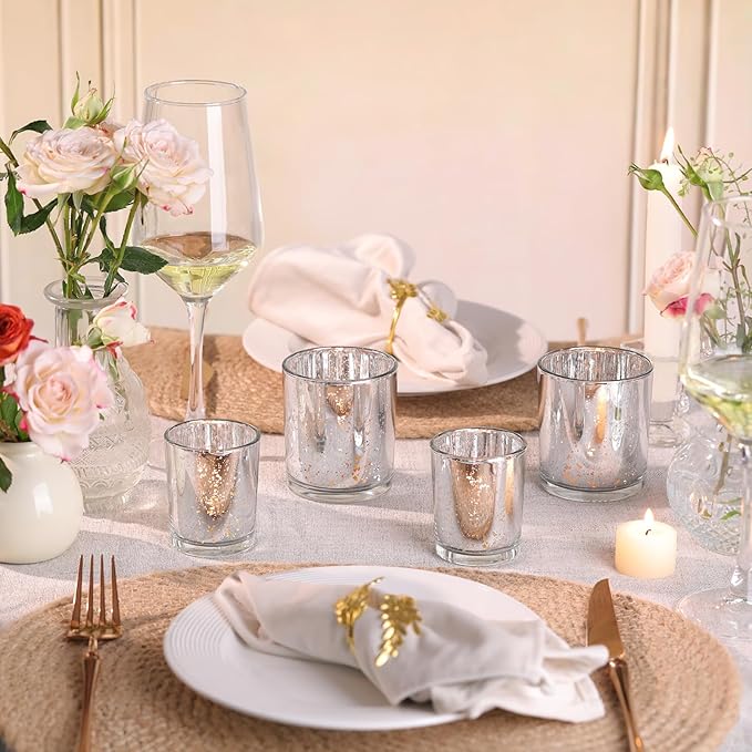 Volens 24pcs Assorted Silver Votive Candle Holders for Wedding Table Centerpieces, Large Mercury Glass Candle Holder for Votive & Tealight Candle, Silver Party Decorations for Bridal and Baby Shower