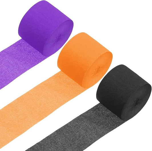 MECCANIXITY 3 Roll 246 ft Crepe Paper Streamers, Wedding Decoration Streamers Party Decoration for Wedding Valentine's Day Festival Backdrop, Black,Orange,Dark Purple