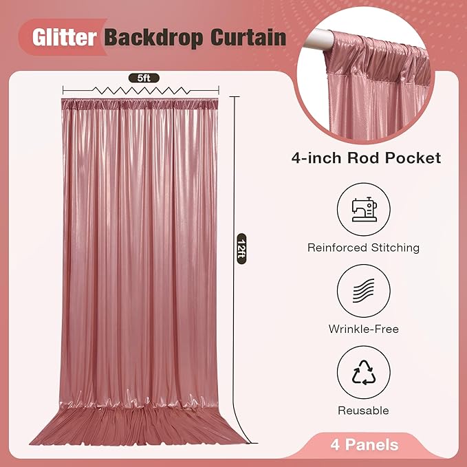 20x12FT Rose Gold Sequin Backdrop Curtain for Party - 4 Panels 5x12FT Wrinkle-Free Shimmer Drapes for Birthday, Wedding, Christmas, Decorations & Photography