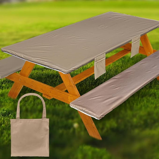 Picnic Table Cover with Bench Covers Vinyl Elastic Edges Fitted Rectangle Seat Tables Waterproof 3-Piece96X30in Set Outdoor Rectangular Folding Backing Tablecloth for Camping Over Size