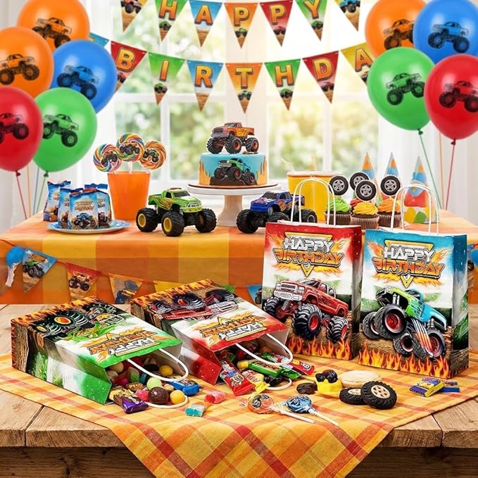 24 Pcs Monster-Truck Party Favor Bags with Handles - Racing Truck Goodie Bags Gift Bags. Checkered Theme Candy Bags for Kids, Kraft Paper Bags for Birthday Party Supplies Decorations