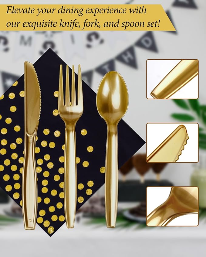 224 Pieces Party Supplies, Black and Gold Party Plates Cups and Napkins Sets with Plastic Knives forks spoons, Disposable Tableware Serves 32 Sets for Wedding, Birthday, Graduation, Festivals