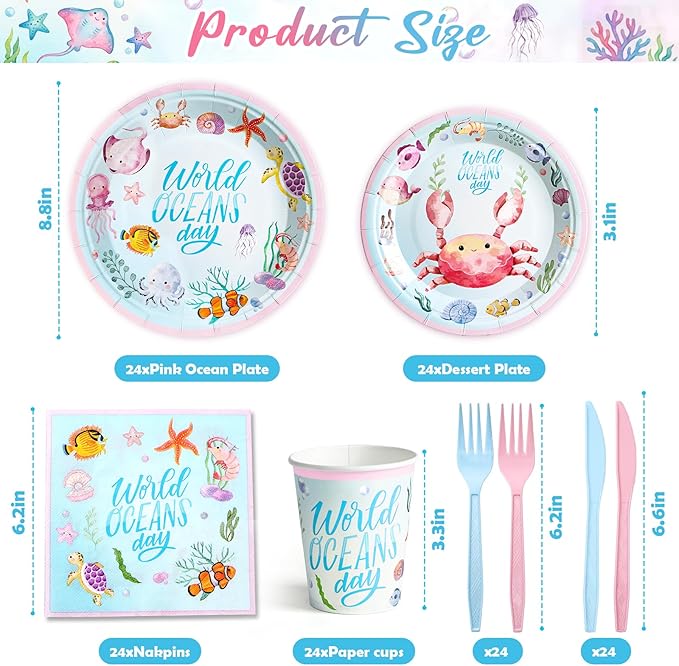 144Pcs Under the Sea Animal Birthday Party Supplies Decorations Paper Plates Napkins Vintage Party Tableware Disposable Pink Ocean Dinnerware Set for Kids Birthday Baby Shower Table Decor, Serve 24