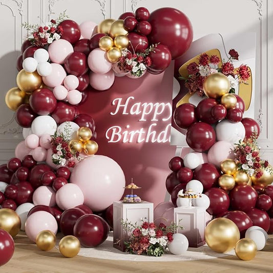 Burgundy Balloons Arch Kit 155Pcs Different Sizes of 18 10 5 Inch Latex Maroon Light Pink White Metallic Gold Balloon Garland for Birthday Anniversary Graduation Party Decorations