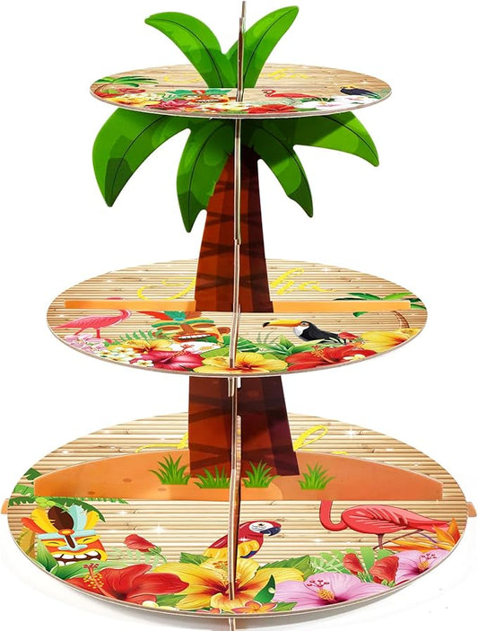 3-Tier Cupcake Stand - Palm Tree Party Decor for Luau, Hawaiian & Tropical Themed Events - Multi-Colored Cardboard Tiered Tray for Beach & Pool Party Decorations