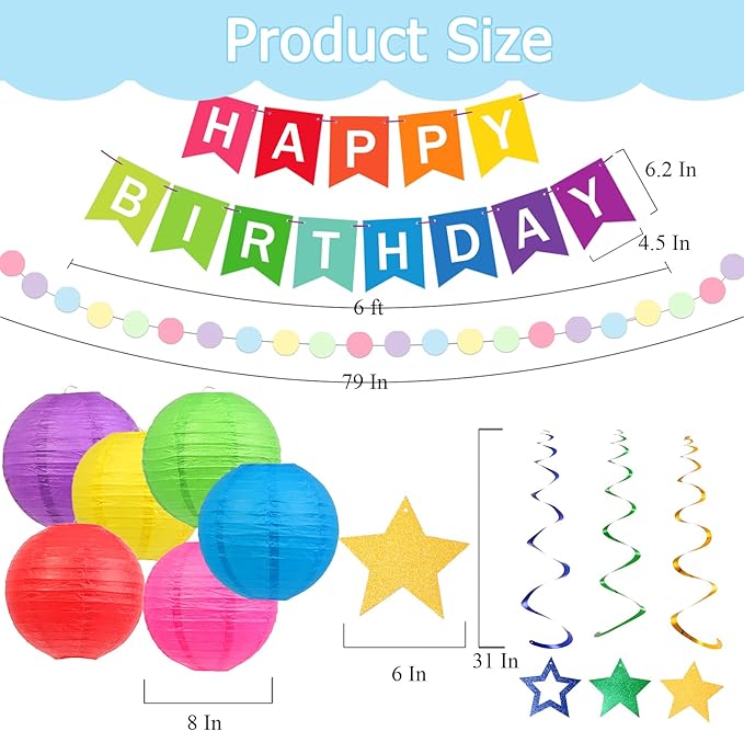 Happy Birthday Decorations, Colorful Birthday Party Decorations Set with Happy Birthday Banner, Paper Lanterns, Star Swirl Hanging Decorations & Circle Dots Garland