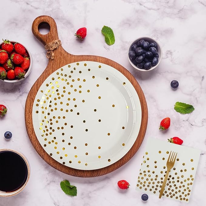 75PCS White Gold Dot Paper Plates&Napkins Set-Disposable Dessert Plates 7IN Party Plates 6.5IN Napkins Plastic Fork Tableware for Birthday Wedding Graduation Holidays Party Decoration 25 Guests