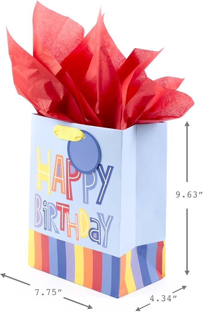 Hallmark 9" Medium Gift Bag with Tissue Paper (Happy Birthday, Rainbow Stripes on Light Blue)