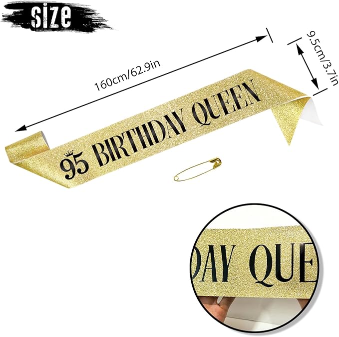 95 Birthday Queen 95th Birthday Sash for Women, Gold Glitter Sash with Black Foil