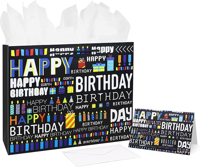 Oletx 13" Black Letter Party Gift Bags Happy Birthday Gift Paper Bag with Tissue Paper Greeting Card for Father's Day,Men's Birthday Party