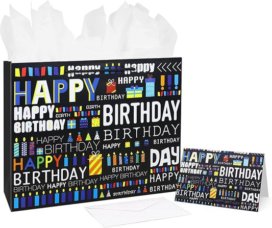 Oletx 13" Black Letter Party Gift Bags Happy Birthday Gift Paper Bag with Tissue Paper Greeting Card for Father's Day,Men's Birthday Party