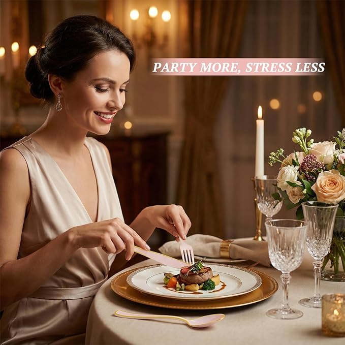Supernal 120 PCS Pink Plastic Silverware Heavy Duty - Disposable Pink Utensils with Gold Silverware Set Include 40 Forks, 40 Knives and 40 Spoons for Valentines Day/Birthday Party/Wedding