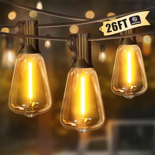 LAMPHOME Outdoor String Lights Waterproof, 26FT Connectable Patio Lights with 12+1 Shatterproof ST38 LED Edison Bulbs, Hanging Lights for Backyard Garden Porch Deck Christmas Party Cafe Decor