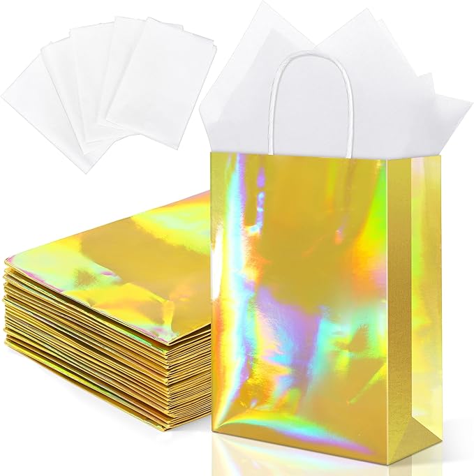 MIMIND 24 Pack Iridescent Paper Gift Bags with Handles Holographic Party Favor Bags with Tissue Paper 8.7 x 6.3 x 3.1 Inch Glitter Gold Foil Goodie Candy Bag for Wedding Baby Shower Birthday Party