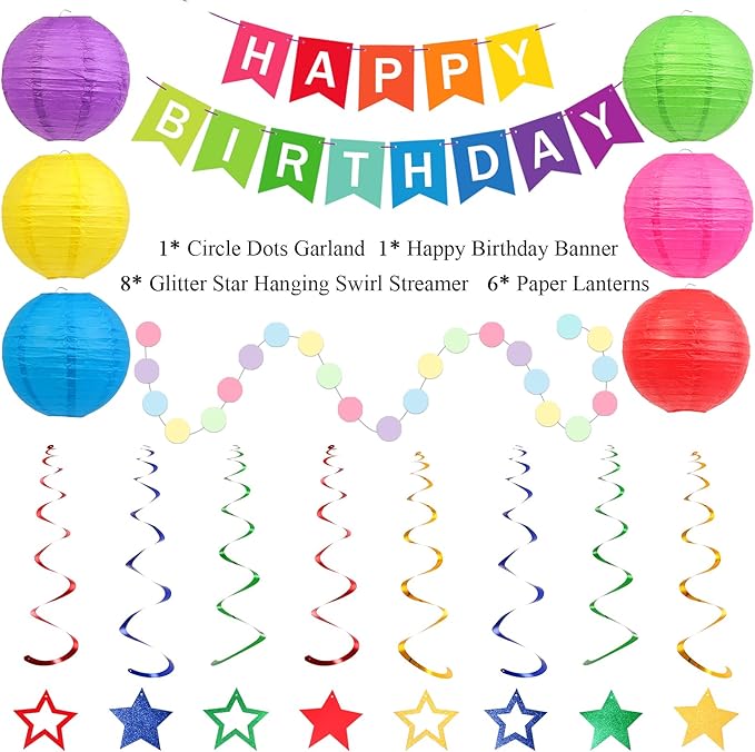 Happy Birthday Decorations, Colorful Birthday Party Decorations Set with Happy Birthday Banner, Paper Lanterns, Star Swirl Hanging Decorations & Circle Dots Garland