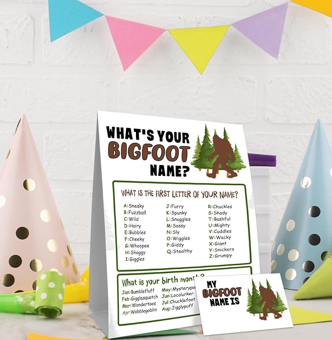 Bigfoot Birthday Party Decorations-Birthday Party Games,Bigfoot Theme Birthday Party Sign for Boys Girls,Kids Bigfoot Activity Cards,Bigfoot Activity Decoration Supplies,What's your Bigfoot Name