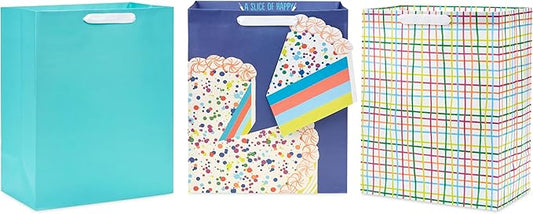 Hallmark 13" Large Birthday Gift Bag Bundle (3 Bags: Rainbow Confetti Cake, Plaid, Solid Teal Blue)