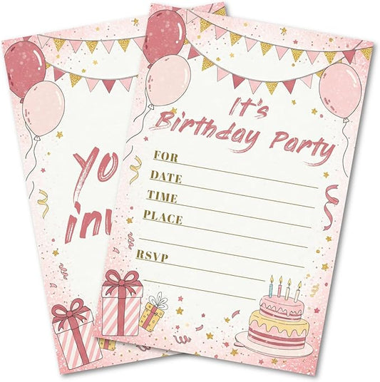 Sweet Birthday Invitations for Girl Teens Kids, 25 Pcs 4x6 Pink Gold Party Card Kit with Balloons, Bunting, Presents & Cakes - Sweet Colorful Childlike