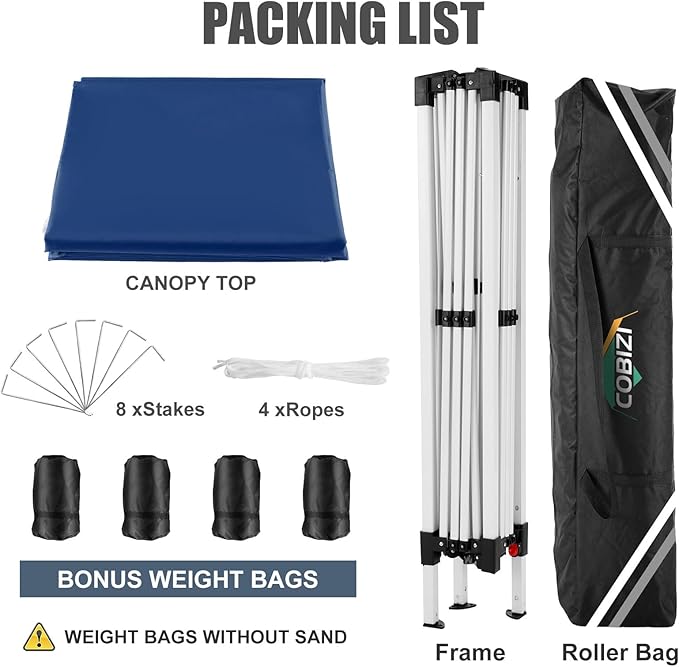 COBIZI 10x10 Pop Up Canopy Tent Without Sidewall, UPF 50+ Waterproof Outdoor Canopy, Instant Tent Portable Canopies Gazebo for Commercial Sun Shade Party Backyard with 4 Sandbags(Navy Blue)