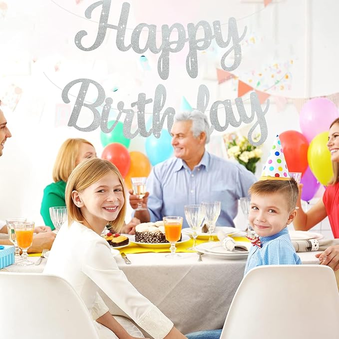 BEISHIDA Happy Birthday Banner - NO DIY,Silver 10Feet Pre-Strung-Glitter Birthday Sign Garland Backdrop Decorations for Women men Party