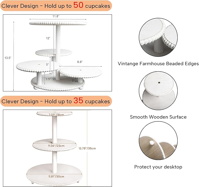 GENMOUS 2PCS 3 Tier and 4 Tier Beaded Cupcake Stand Set for Birthday Party Decor,Rustic Wooden Cupcake Tower Stands for 74 Cupcakes,White Cupcake Tiered Stand Display for Wedding Baby Shower Tea Party