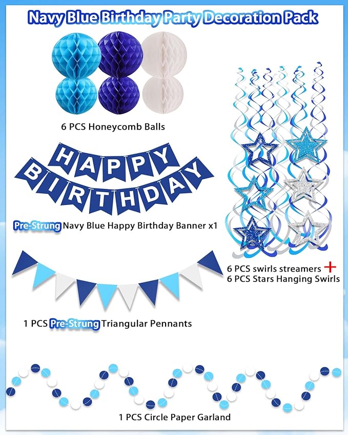 Pre-Strung Blue Happy Birthday Decorations, Happy Birthday Banner with Honeycomb Balls, Stars Hanging Swirl Streamers, Dots Garland, Party Decorations for Men Boys Women Girls