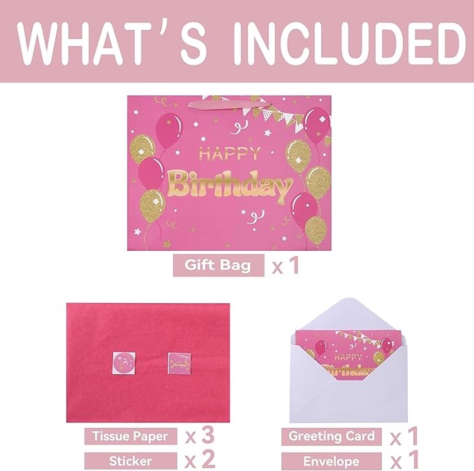 Qirrmiy 16.5" Extra Large Pink Happy Birthday Gift Bag Set with Handles, Greeting Card, Tissue Papers and Stickers for Women Girls, Balloons Design, 1 Pcs