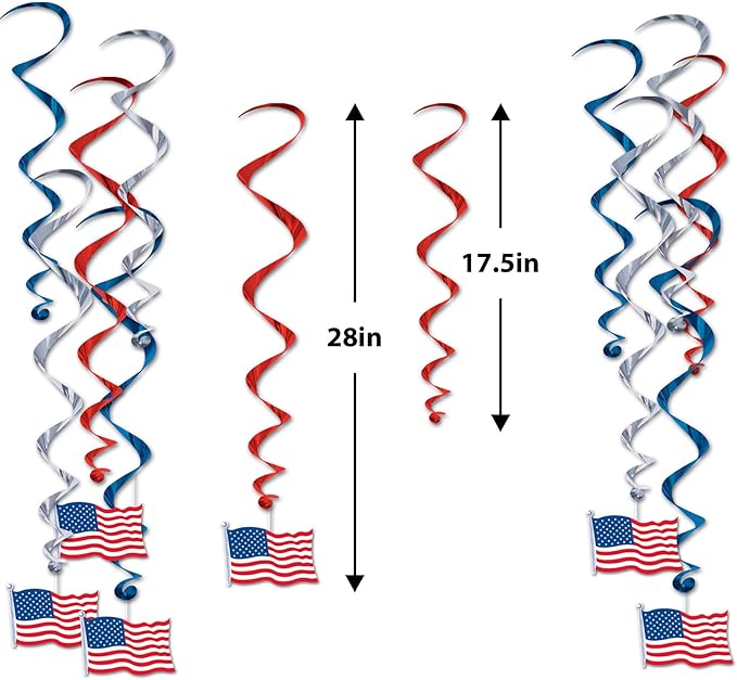 Beistle American Flag Whirls, Hanging Patriotic Stars and Stripes Decorations, Red, White & Blue Party Supplies for Fourth of July, Memorial Day