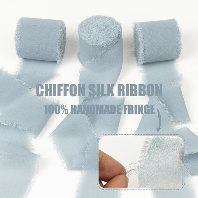Dusty Blue Chiffon Ribbon 1-1/2 Inch x 21 Yards Boho Frayed Fringe Chiffon Silk Ribbon for Gift Wrapping, Wedding Invitation, Bridal Flower Bouquets
