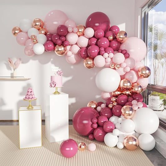 Dusty Hot Pink White Gold Balloon Garland Arch Kit, 146Pcs Retro Hot Pastel Pink Champagne Gold Sand White Latex Balloons Different Sizes for Wedding, Birthday, Graduation Party Decorations