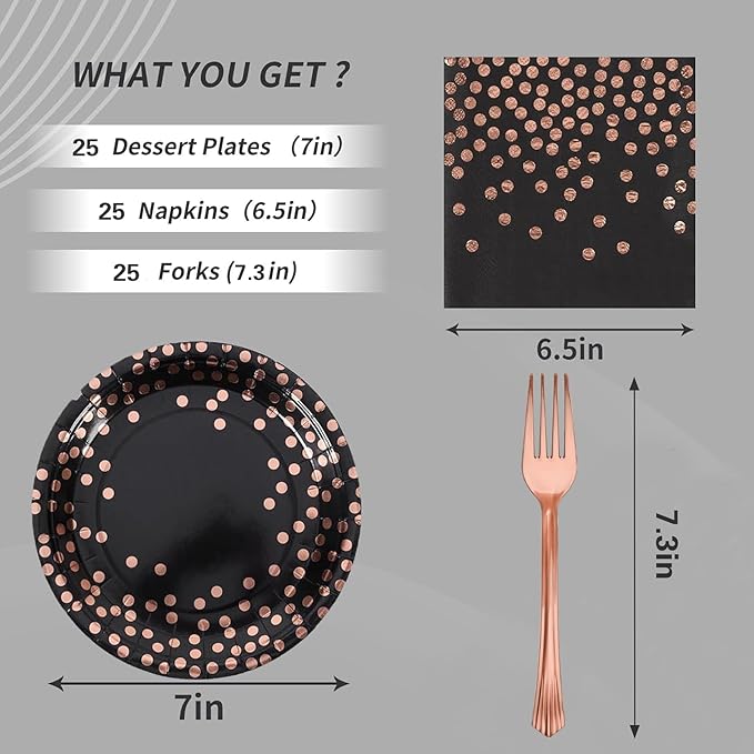 Black and Rose Gold Paper Plates and Napkins Party Supplies,25 x 7''Dessert Plates & 25 x 6.5''Napkins & 25 x 6.3''Forks,Disposable Paper Tableware Set for Birthday,Anniversary,Retirement(Serve 25)
